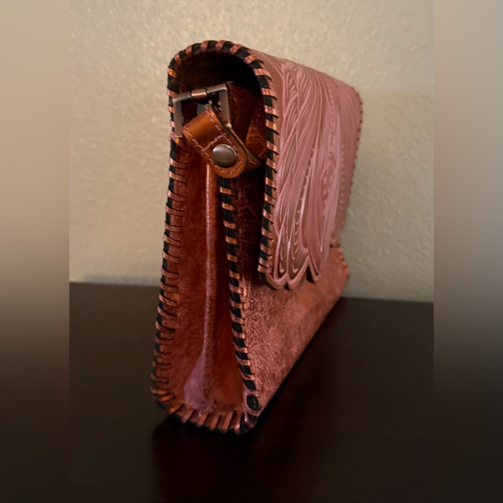 Patricia Nash Sarola Leather Crossbody Bag Burnt Coral Metallic Tooled Purse - Picture 5 of 10